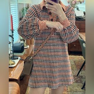 Free People Collared, Chenille Knit Houndstooth Checkered Patterned 70s Dress XS
